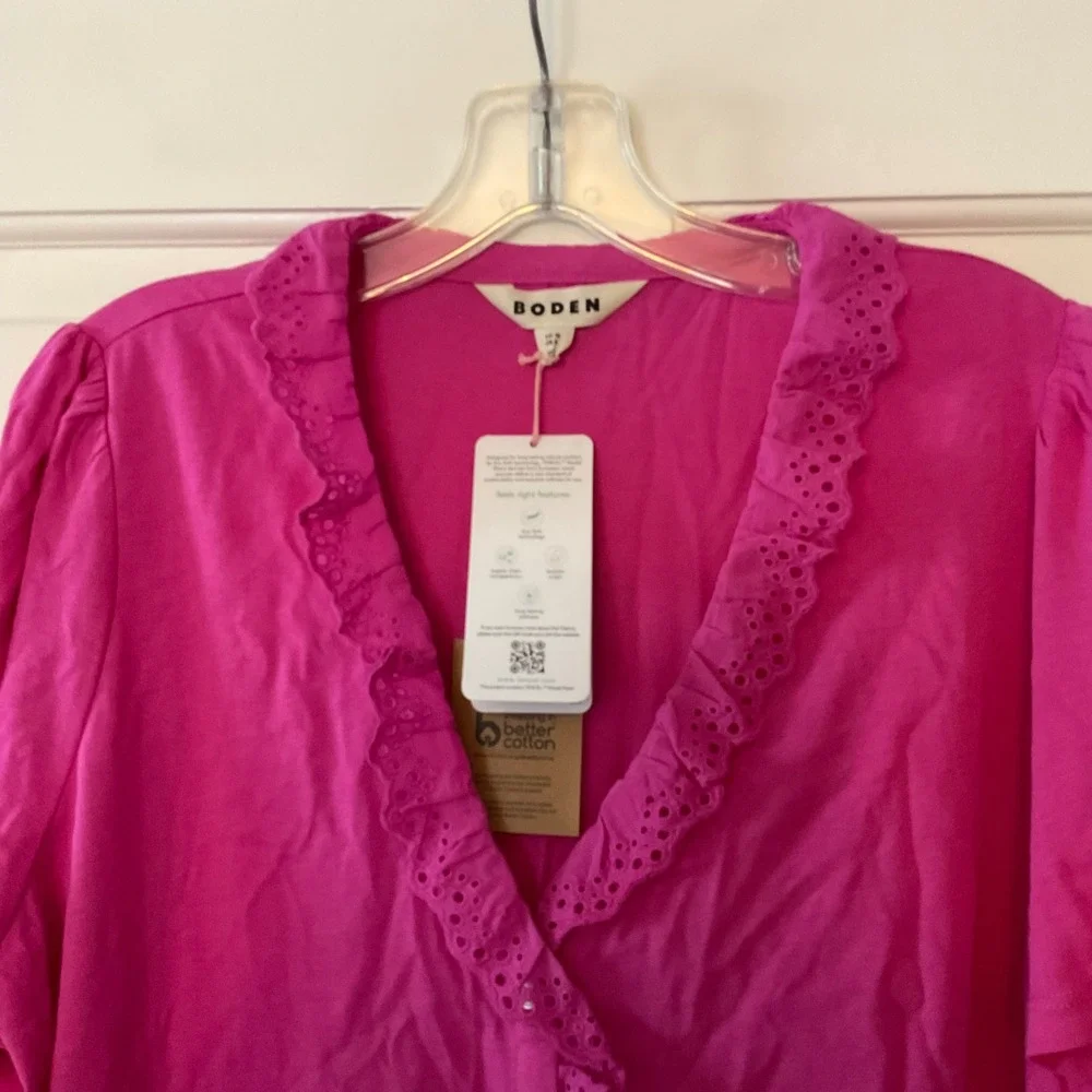 Boden Broderie V-Neck Top Blouse Shirt Pink US 14 NEW ruffle preppy work weekend